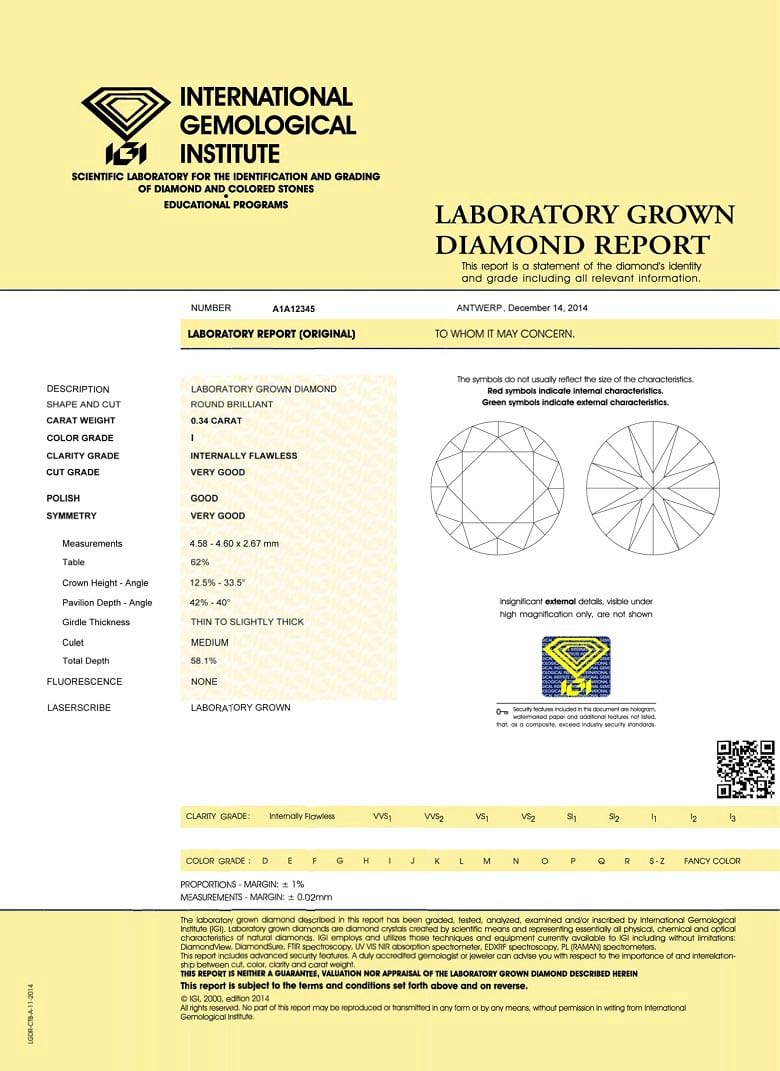 IGI man-made diamond certificate sample on LONITE cremation diamonds from ashes